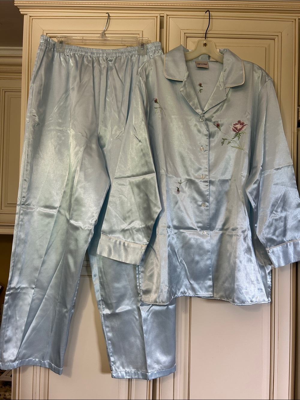 delicates Pale Blue Satin Embroidered Two-Piece Pajama Set